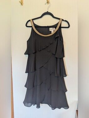 Joseph Ribkoff Black Mini Dress with Gold Beaded Neckline